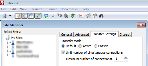 How to limit number of connections to 1 in filezilla to make FTP work for file transfer